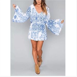 Show Me Your Mumu Runaway Mini Dress Blue White Paisley Bell Sleeves Size Medium